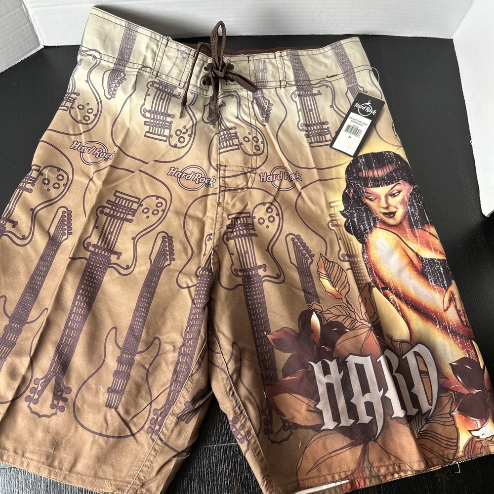 Hard Rock Mens 28 Board Shorts Swim Trunks Ombre Guitars Surf Pinup Girl New